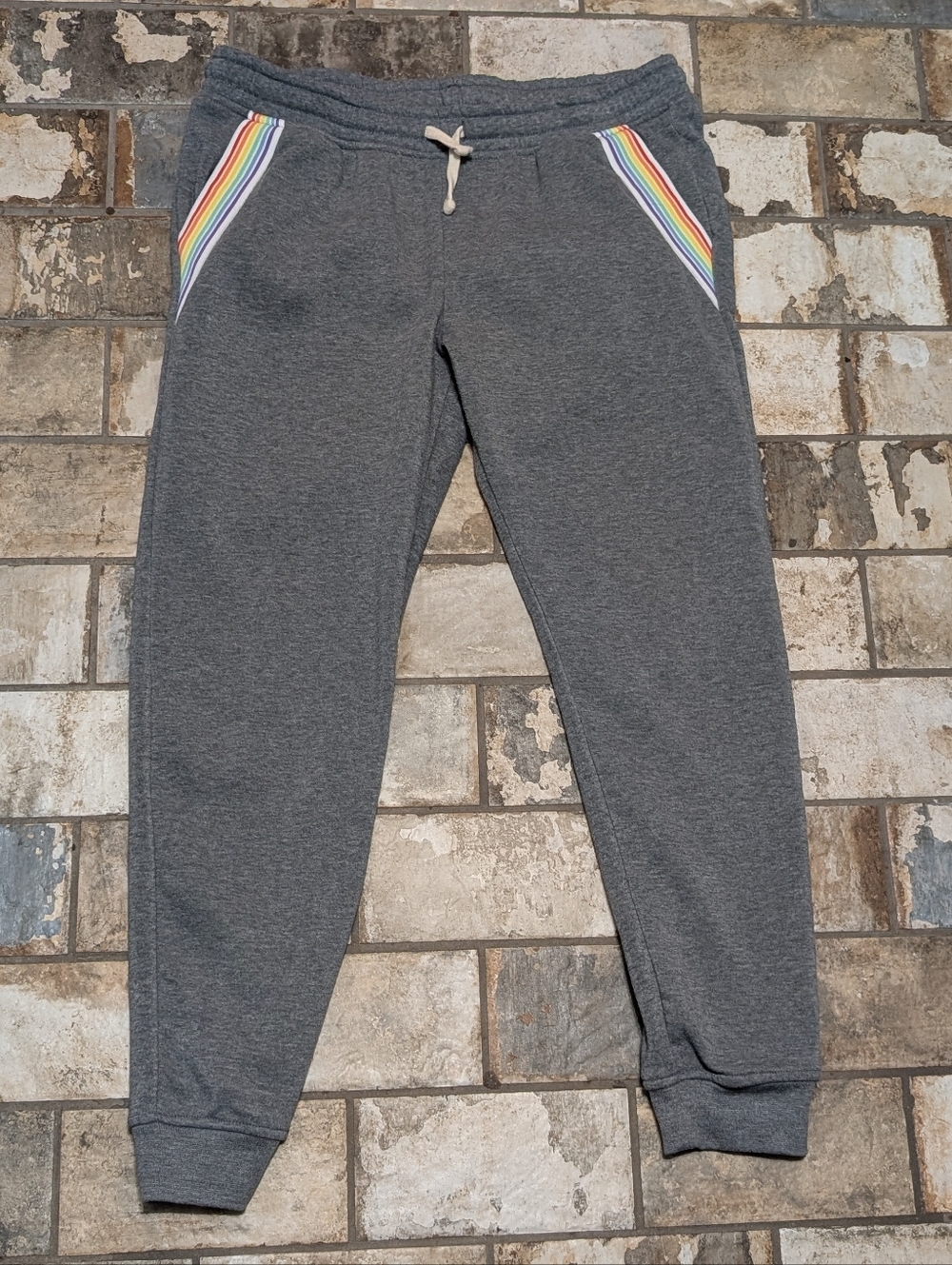 Brooklyn Cloth Large Gray Rainbow Stripe Joggers Streetwear Sweatpants L